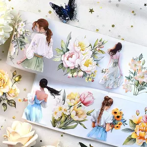 1-teilig 2-m/rolle Mädchen und Blumen moderne Figuren matter PET-Band dekorativer Aufkleber für DIY-Tageschriftdekoration
