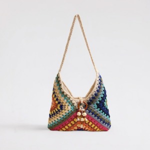<span class=keywords><strong>Sac</strong></span> pour femme de style ethnique, à bandoulière unique, en polyester tissé, avec fermeture éclair, coloré, motif granny square, pour la plage et les vacances - Product Image 1