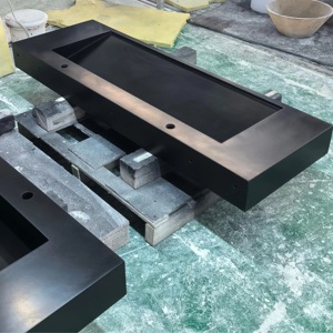 Vasque <span class=keywords><strong>en</strong></span> résine de <span class=keywords><strong>pierre</strong></span> à surface solide de couleur <span class=keywords><strong>noire</strong></span>, design populaire, taille personnalisée, vasque à poser pour salle de bain - Product Image 4