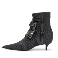 Bottines en jean à talons bas avec poches, style rétro, fermeture éclair arrière, pour femme