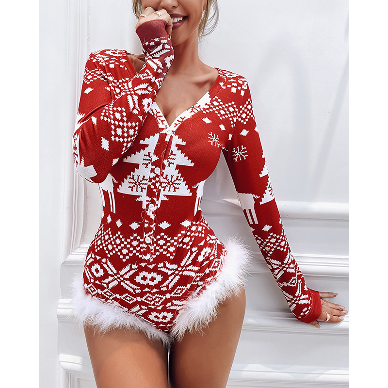 Wholesale Woman Pajamas Set One Piece Print Sleepwear Fur Stitching Christmas Onesie Pajamas