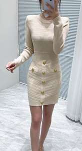 Nuovo abito di alta qualità <span class=keywords><strong>in</strong></span> <span class=keywords><strong>maglia</strong></span> 2025 autunno inverno stile donna Button déco manica lunga bianco <span class=keywords><strong>rosa</strong></span> nero aderente maglione abito - Product Image 4