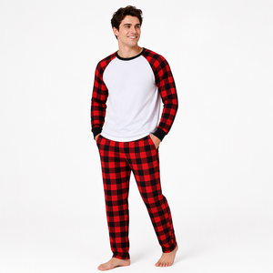 Novo Conjunto Familiar de Pijamas de Natal em Tecido Gingham Buffalo Ecológico, Unissex para Crianças e Adultos, Sublimação em Branco - Product Image 1