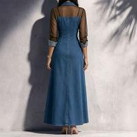 Robe longue élégante en faux denim Joydressing, sexy, avec empiècements en maille transparente, boutonnée, fendue, style chemise, vente en gros, fournisseur personnalisé