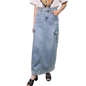 กระโปรงยีนส์เอวสูงสีพื้นผ้าฝ้ายมีกระเป๋า สไตล์ลำลองสำหรับผู้หญิง ขายดี - Product Image 2