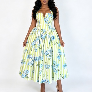 Vestido Midi Halter para Mujer con Estampado Floral a Rayas, Espalda con Cordones, Estilo Corsé, Vestido de Verano para Vacaciones, Moda Sehe - Product Image 4