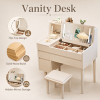 Coiffeuse Moderne Directe avec Miroir Rabattable, Convertible en Bureau, avec Rangement en Commode, Réglable, pour Chambre et Bureau à Domicile