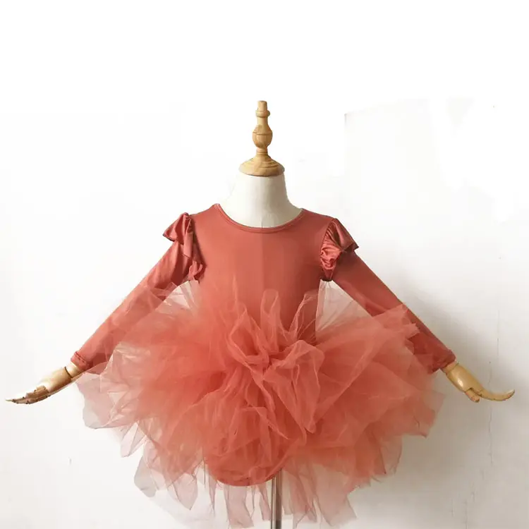 Vestido de tul de manga larga para otoño e invierno, falda tutú roja con Hojas de arce