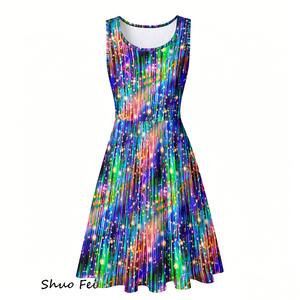 Robe Skater sans manches pour femmes, imprimé néon Rain Matrix, robe d'été trapèze, style cyberpunk futuriste, robe <span class=keywords><strong>de</strong></span> soirée - Product Image 2