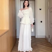 2026 신상 가을 도매 3D 플라워 페플럼 탑 하이웨이스트 맥시 스커트 세트 프렌치 시크 우아한 화이트 파티 가운 투피스 세트