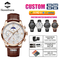 Montre Homme Multifonctionnelle à Quartz LG8932 avec Chronographe, Affichage des Phases Lunaires, Étanche 30M, Bracelet en Cuir PU, Montre-Bracelet Business pour Hommes