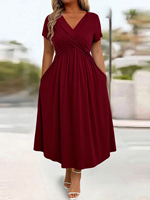 Nouvelle robe décontractée mi-longue pour femme, à manches courtes, avec poches, col en V croisé, couleur unie, style simple, pour l'été