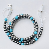 Câble de données USB 4-en-1 tendance, style western, avec perles argentées et turquoise, charge rapide, cordon multi-chargeur Type C, accessoires auto