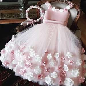 Robe de demoiselle d'honneur en tulle rose blush avec fleurs 3D, robe de fête pour enfants, robe de princesse - Product Image 1
