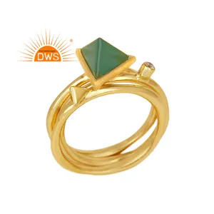 Triangle Cut Green Onyx Gemstone CZ Ring 925 Sterling Silver Gold Plated Stacking Ring Manufacturer Supplier