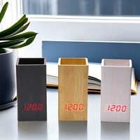 Réveil numérique à commande vocale avec porte-stylo en bois, créatif, pour étudiant, bureau, alimenté par USB/batterie, organisateur de crayons LED