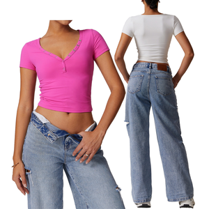 Camiseta de Mujer de Verano Vintage, Informal, Versátil, Simple, Cómoda, de Secado Rápido, Cuello en V, Manga Corta, Precio Económico de Fábrica - Product Image 1