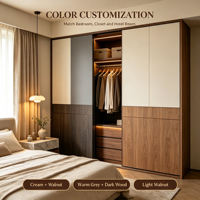 Armoire de chambre sur mesure avec porte coulissante, cadre foncé bicolore crème, éclairage LED, tringle de suspension, tiroirs et étagères, style moderne, OEM