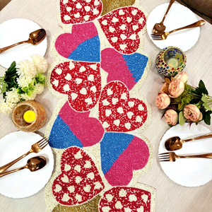 Camino de Mesa de Tela Hecho a Mano con Forma de Corazón, Estilo Bohemio, Rojo, Rosa y Azul, Diseño Bordado, Tapete Decorativo - Product Image 1