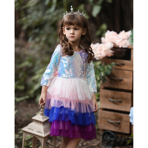 Girls <b>Sequined</b> Princess Dress Color Block Tulle <b>Skirt</b> Performance Gown Layered Dress For Children - Product Image 2