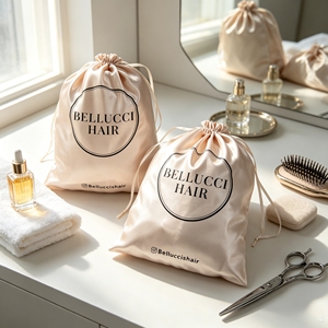 Bolsas de Satén Rosa Nude Personalizadas con Cordón, Bolsa de Satén de Seda con Logotipo Impreso en Negro para Empaque de Pelucas, Bolsa de Regalo para Almacenamiento de Extensiones de Cabello - Product Image 1