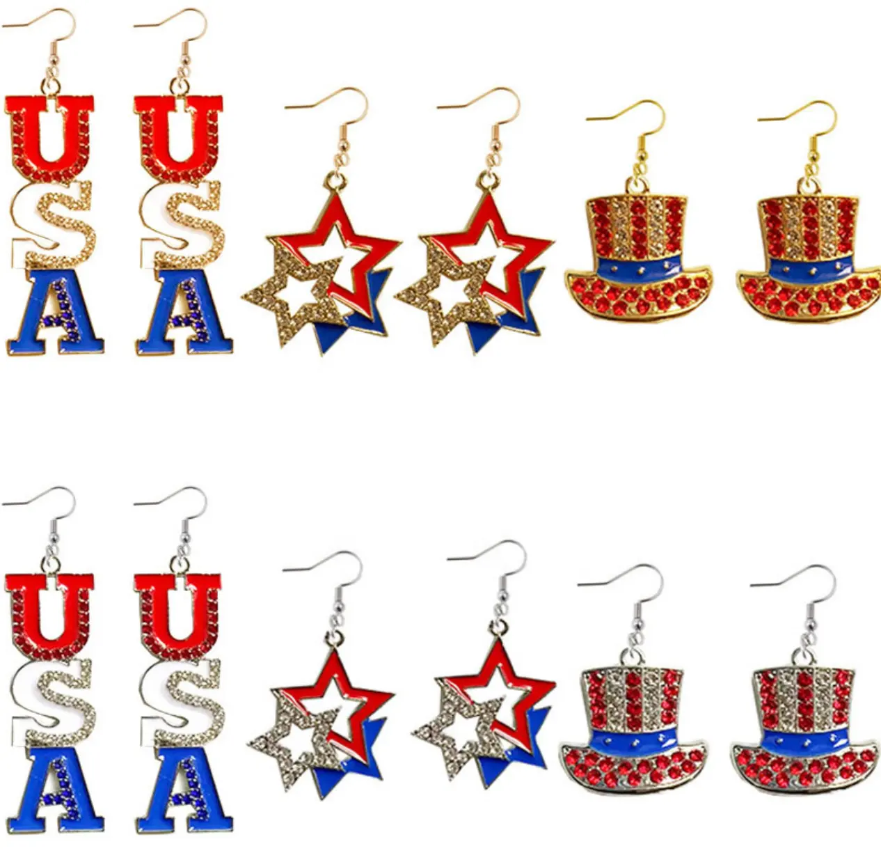 Fashion Jewelry Rhinestone USA Star Hat American Flag 4th of July Patriotic Independence Day Earrings