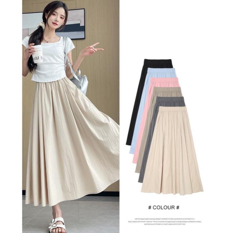 Women Fashion Summer Thin Solid Pleated Midi Skirt Vintage Mid Waist A-Line  Female Chic Lady Skirts