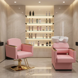 Sillón de Barbería de Lujo en PU Rosa con Reposabrazos Dorados, Silla Hidráulica de Estilismo, Silla para Lavado de Cabello para Salón - Product Image 1