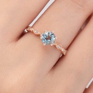 Anillo de Compromiso y Matrimonio con Circonita Cúbica en Forma de Marquise y Aguamarina Redonda, con Engaste de Garra, Chapado en Oro S925, Nuevo - Product Image 5