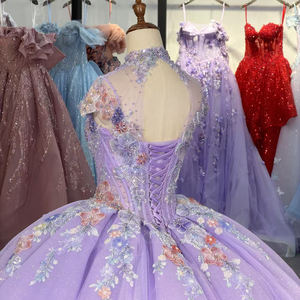 Robe de bal de Quinceañera classique pour filles, col montant, violette, avec broderies appliquées et fleurs en organza, modèle 6964 - Product Image 6