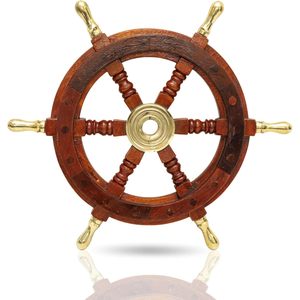Volant de bateau en bois Carfar de 12 pouces avec embouts en laiton, décoration murale nautique faite à la main pour maison côtière, bateau, marine - Product Image 1