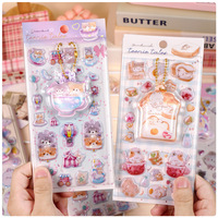 Feuilles d'autocollants en cristal Kawaii Mini Pet, autocollants en forme de chat, de pain et de dôme avec breloques en chaîne, fournitures de papeterie pour scrapbooking pour enfants