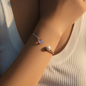S925 <b>Silver</b> <b>Cuff</b> <b>Bracelet</b> With Freshwater Pearl And Opal Stone Minimalist Design For Women Everyday Wear - Product Image 3