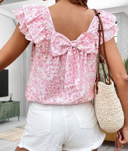 <span class=keywords><strong>Camicetta</strong></span> Estiva da Donna <span class=keywords><strong>con</strong></span> Stampa, Fiocco sul Retro, Doppio Strato Arricciato e Maniche Corte - Product Image 1