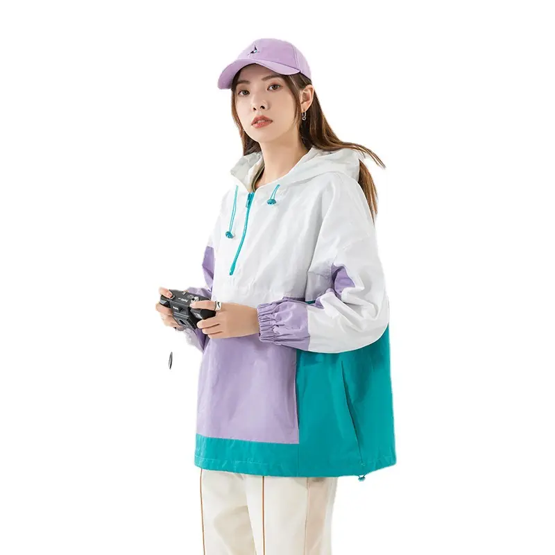 Women's Retro Korean Style Color Spliced Half Zipper Fashion Plus Size Couple Windbreaker Hooded Jacket