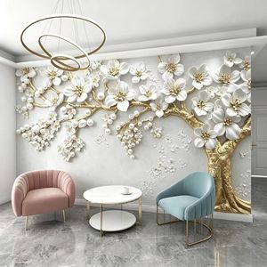 Murale da Parete di Lusso con Rami Dorati in Rilievo 3D e Fiori Bianchi, Decorazione Moderna per <span class=keywords><strong>Soggiorno</strong></span> e Sfondo TV Personalizzabile - Product Image 4