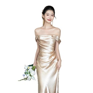 Champagne Strapless Evening Gown Natural Waistline For Engagements Weddings Banquets And Morning Events - Product Image 5