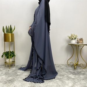 1653# Chiffon Beaded Open Abaya With Black Lace Bother and White Pearls Bat Sleeve Arabic Cardigan <b>Kaftan</b> - Product Image 5