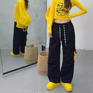 กางเกงทำงานทรงหลวมขาบานสไตล์ญี่ปุ่นผ้าฝ้ายพิมพ์ลายการ์ตูนตกแต่งดาวห้าแฉกสามมิติหลายกระเป๋าสำหรับผู้หญิง - Product Image 4