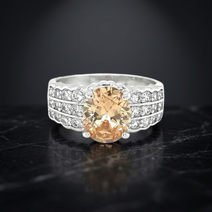 Classic Oval Shape Champagne <b>CZ</b> Rhodium Plated Unisex Engagement <b>Ring</b> with Claw Setting - Product Image 3