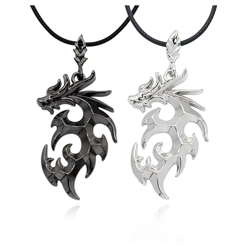 Goth Dragon Necklace Punk Black Leather Chinese Dragon Pendant Necklace for Men Women Trendy Sweater Chain Necklace