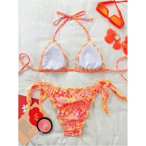 FOXA Women's 2 Piece Floral Print <b>Bikini</b> <b>Set</b> Ruffled Halter String Thong Swimsuit Bathing Suit - Product Image 2