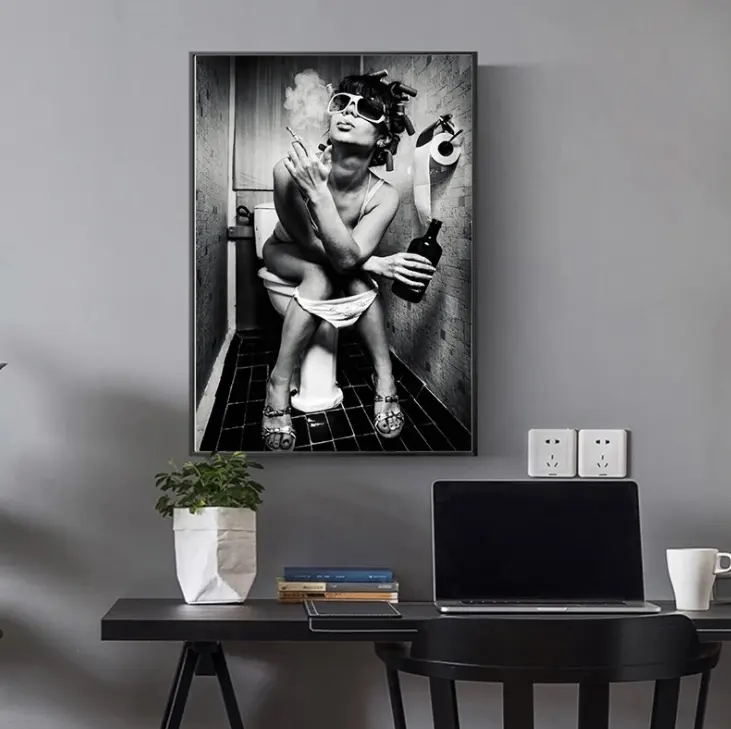 Sexy Girl Sits in a Toilet Nordic Canvas Art Posters And Prints Black and White Canvas Paintings on the Wall Art Pictures Cuadro