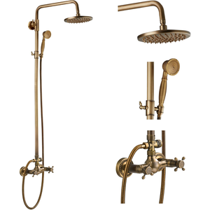 Set Doccia a Parete in Ottone Stile Europeo Anticato Spazzolato con Valvola in Ceramica, <span class=keywords><strong>Miscelatore</strong></span> Acqua Calda e Fredda a Pioggia <span class=keywords><strong>per</strong></span> <span class=keywords><strong>Bagno</strong></span> - Product Image 1