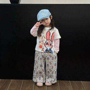 Girls Bunny T-Shirt And Sweatpants Set Cotton Cartoon Print Spring Autumn Outfit Two Piece Clothes For Kids - Product Image 2