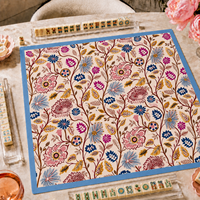 Tapis de Mahjong à imprimé floral bohème avec bordure bleue pour les tuiles de Mahjong américain, soirée de jeu