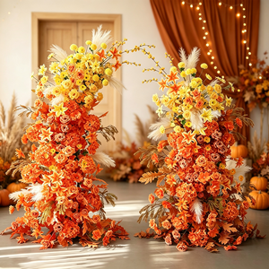 Elegante Seiden-Blumenreihe in Gelb-Orange mit Rosen und Hortensien für Hochzeits-Hintergrund und Tischdekoration, Langlebig und Umweltfreundlich - Product Image 1