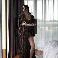 Ensemble de Nuit Sexy en Satin Imprimé Léopard : Robe Kimono, Caraco et Short – Lingerie et Vêtements d'Intérieur pour Femme, Grande Taille, Style Célébrité avec Ceinture Enveloppante