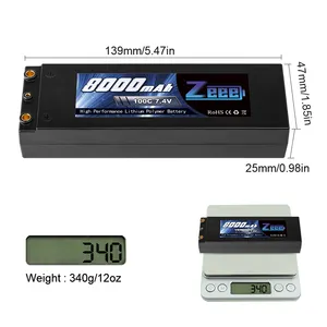 Zeee 2S 8000mAh Lipo Battery 7.4V 100C Hard Case Lipo Pack With 4mm Bullet T Plug For 1/8 1/10 RC Car Model Slash Buggy