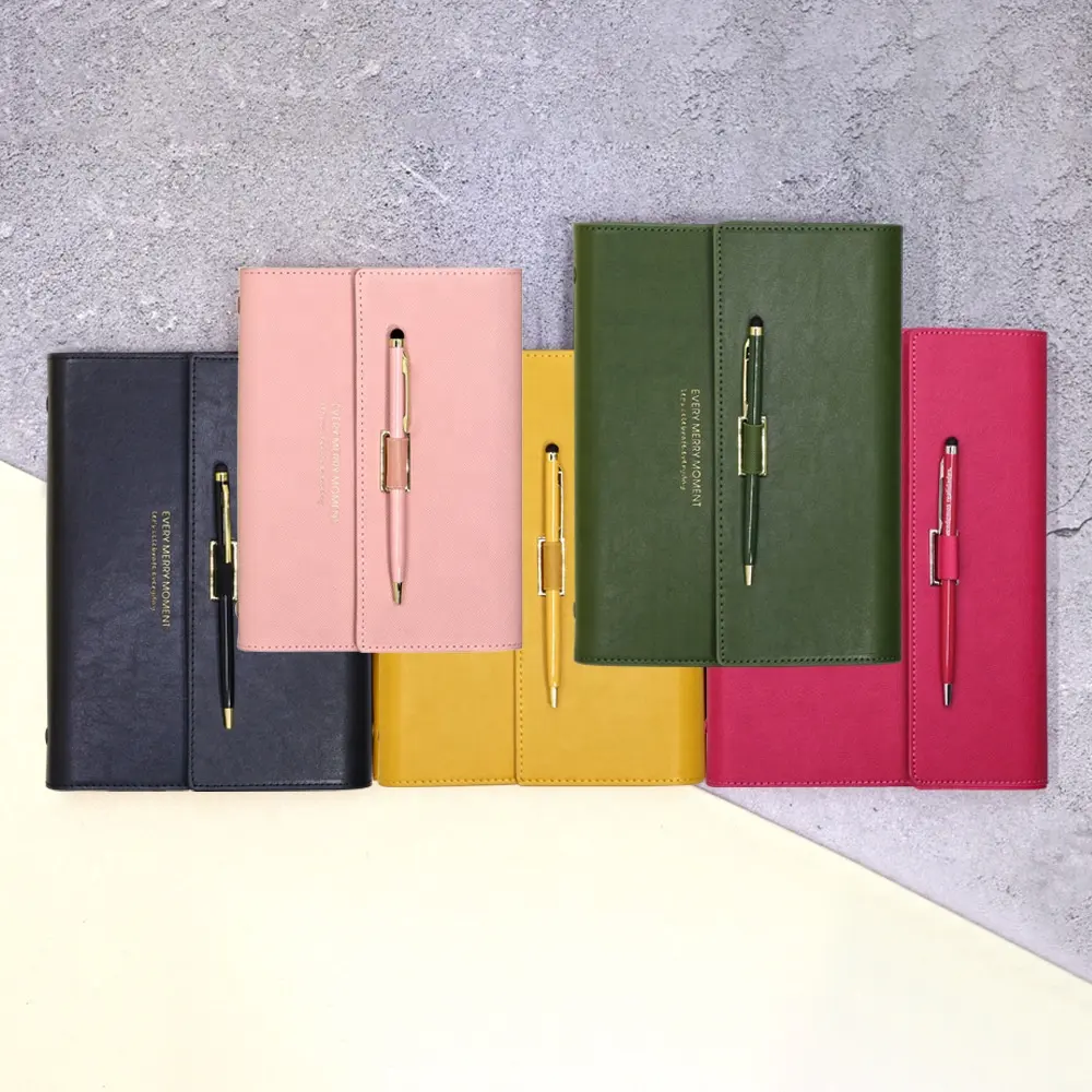 Customized Luxury PU Leather Loose-leaf Journal Refillable Notebook Gift Set A5 Planner Agenda 6 Ring Binder Pink Diary With Pen
